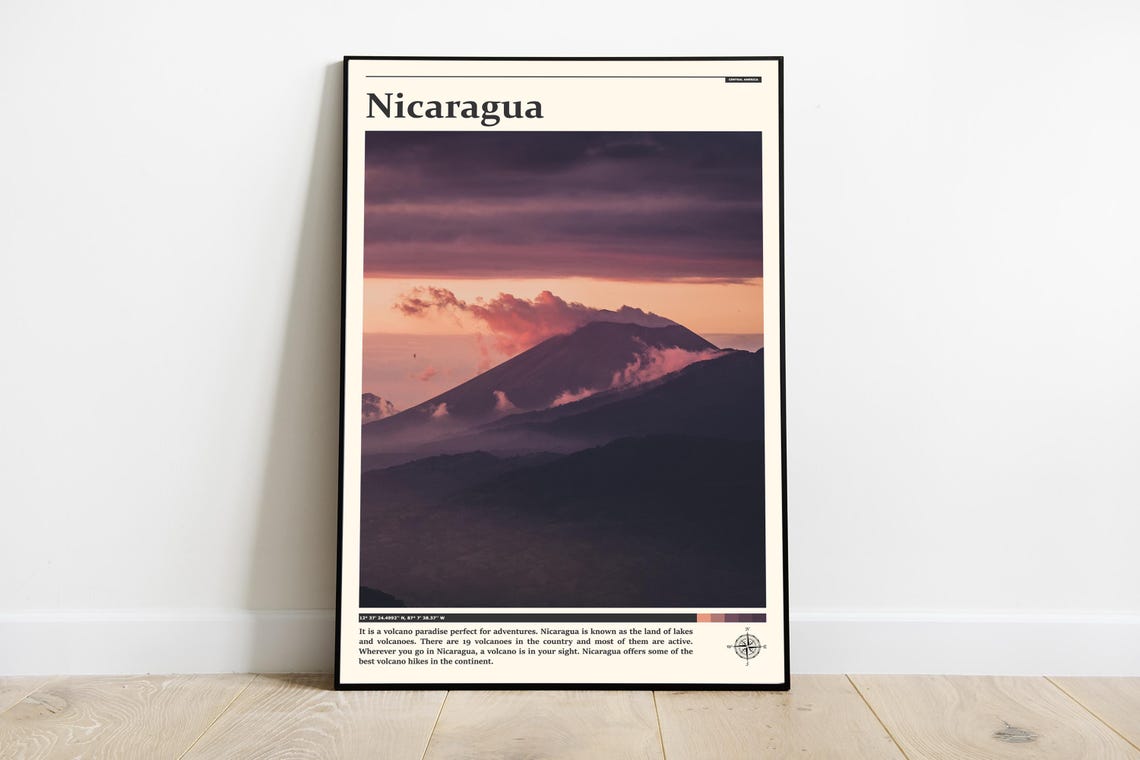 Nicaragua Volcano Sunset Mountain Silhouette Photography Poster