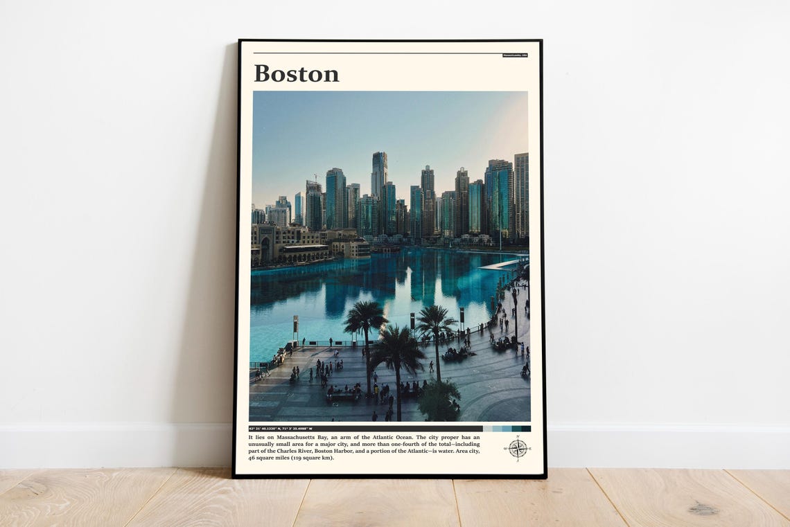 Boston Travel Print Palm Lined Waterfront Skyline Glowing at Dusk