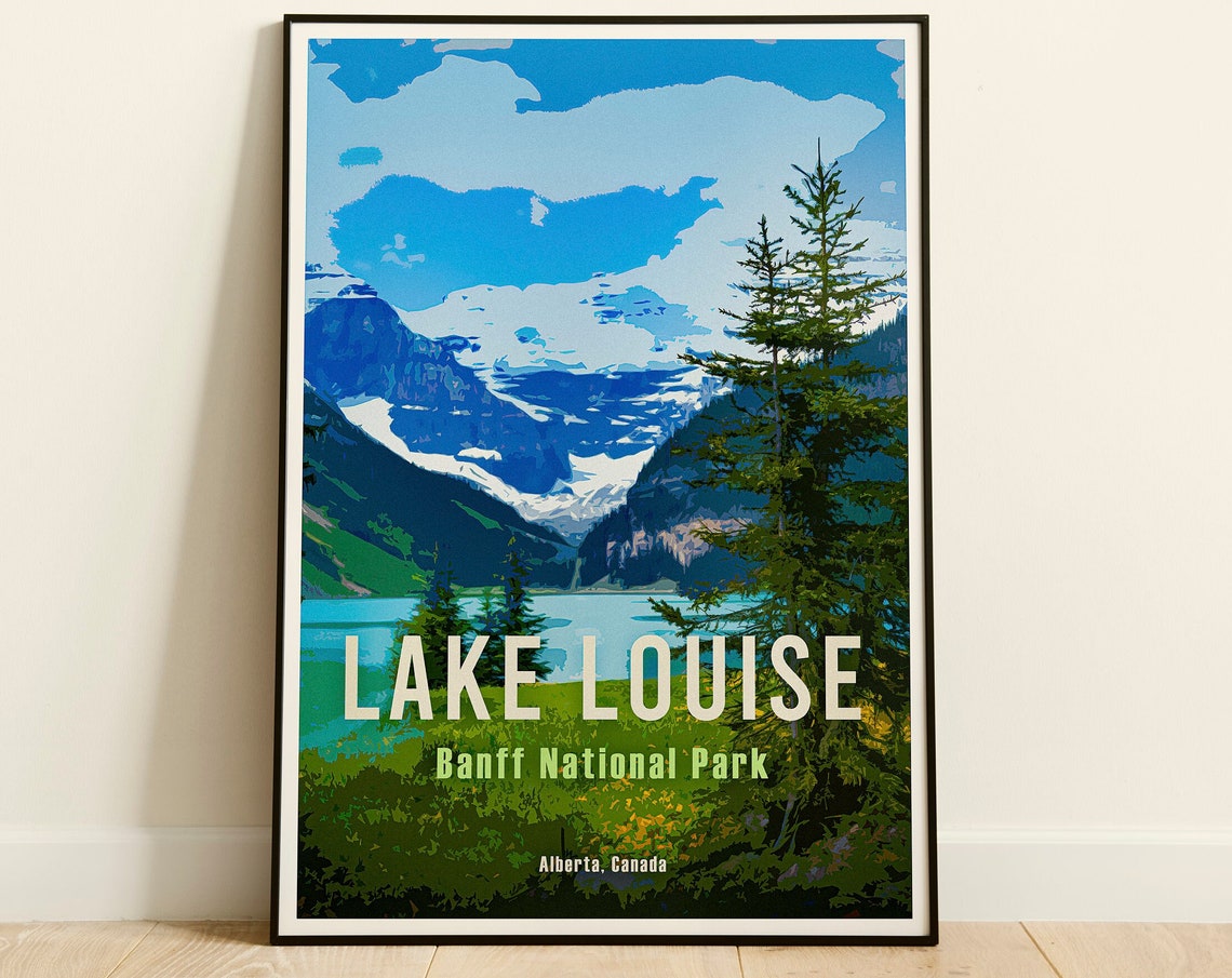 Lake Louise Retro Travel Poster Alberta Canada Vintage Canadian Rockies Poster Hiking Canada Print Banff National Park Travel Poster