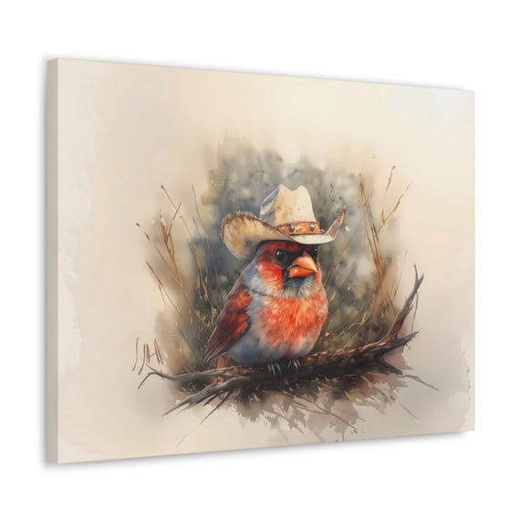 Cowboy Cardinal Bird Maximalist Eclectic Western Print Bold Altered Party Portrait Fantasy Fun Colorful Renaissance Rustic Art