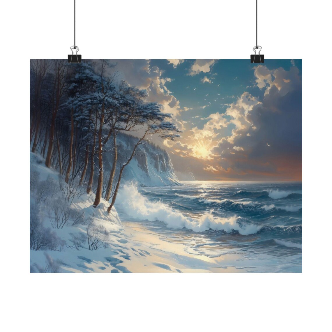Winter Waves Crashing On Snowy Shore Beside Icy Cliffs At Sunset Poster