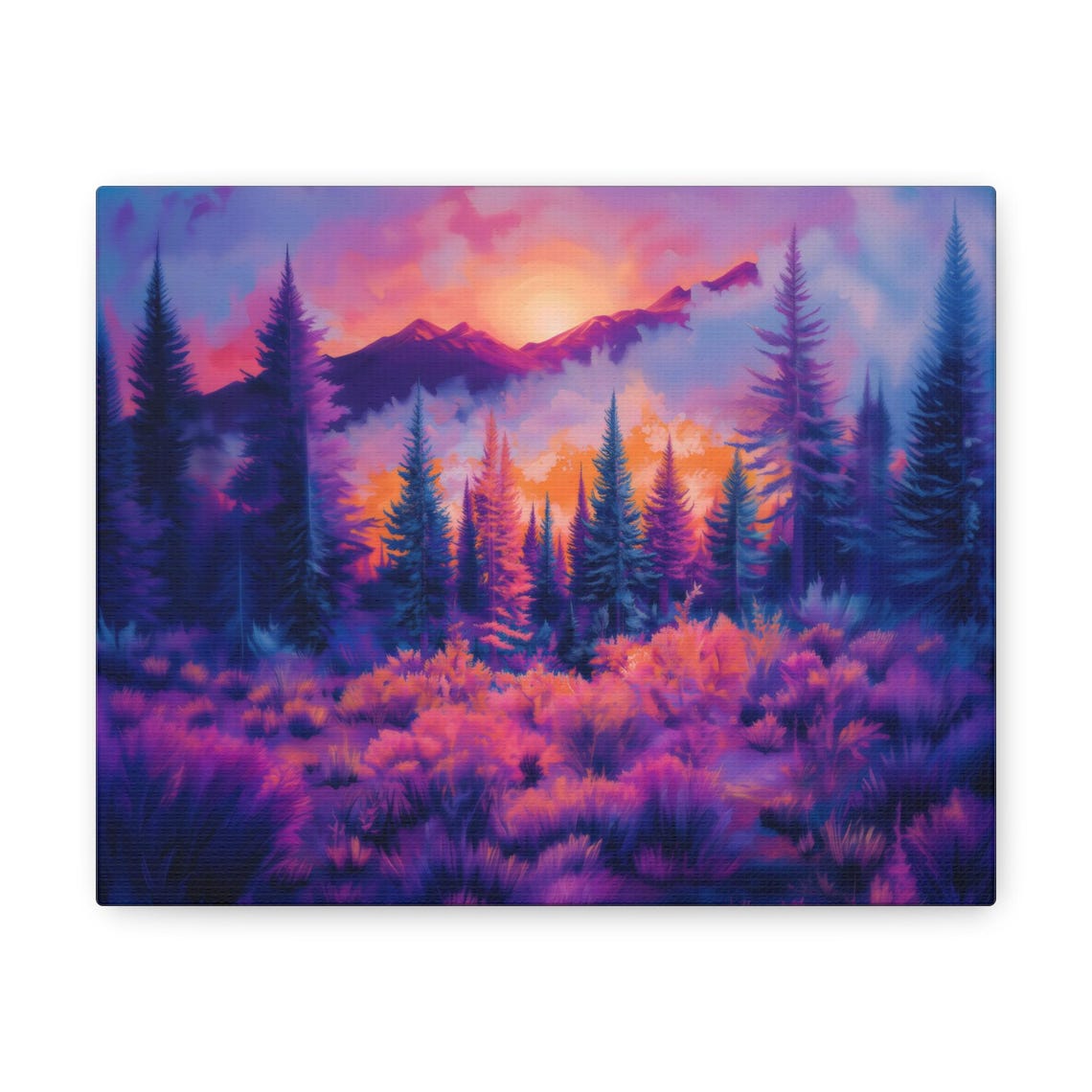 Pink Sunset Over Purple Pine Forest and Distant Peaks Art Print - Image 3