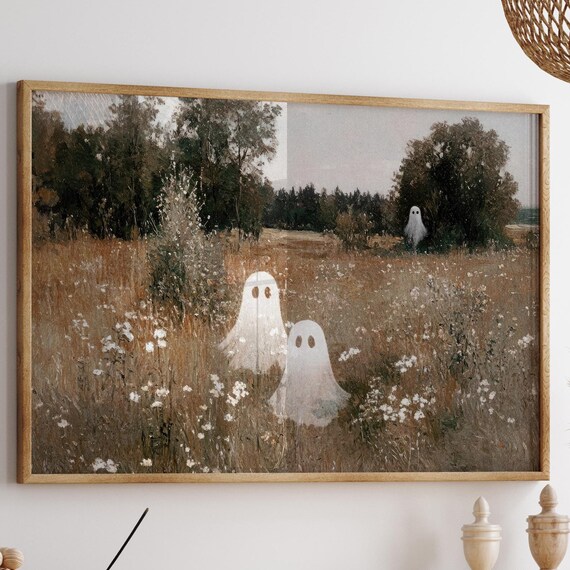 Three Cute Sheet Ghosts in an Autumn Meadow Painting Art Poster