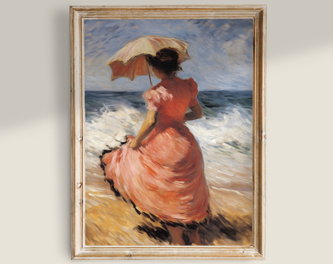 Woman Pink Dress Parasol Beach Waves Vintage Impressionist Art Poster - Image 3
