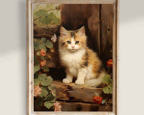Vintage Kitten Painting Cute Fluffy Cat Among Flowers Antique Nursery Poster