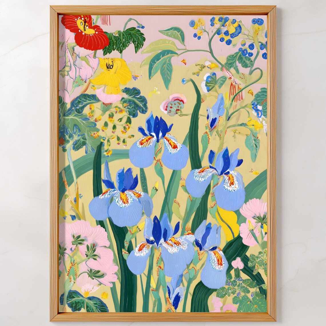 Blue Iris Garden Painting Colorful Floral Botanical Art Poster