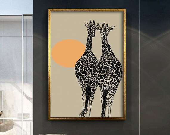 Two Giraffes Minimalist Line Art Orange Sun Boho Animal Wall Poster