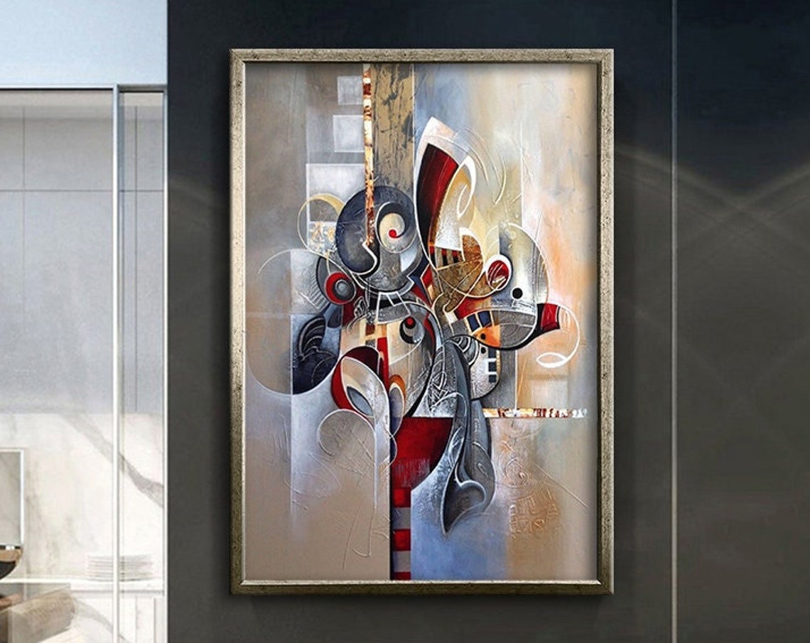 Abstract Geometric Red Gray Modern Art Cubist Style Wall Poster