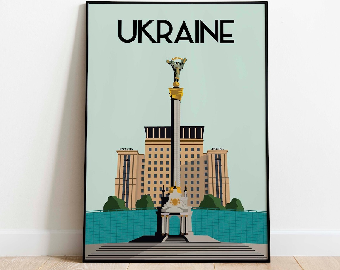 Ukraine Independence Square Kyiv Monument Retro Travel Poster