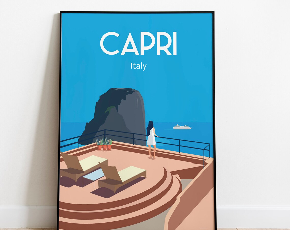Capri Italy Seaside Terrace Rock Cliffs Ocean Retro Travel Poster
