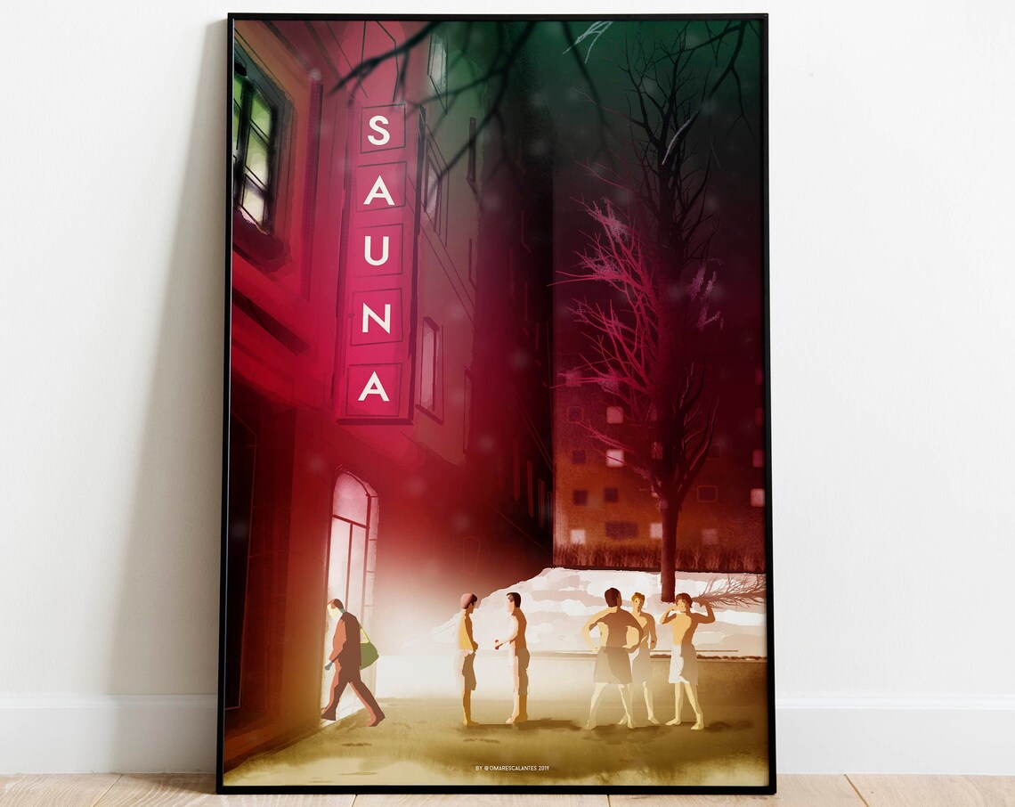 Finland Sauna Night Snow Towel Bathers Red Neon Vintage Poster