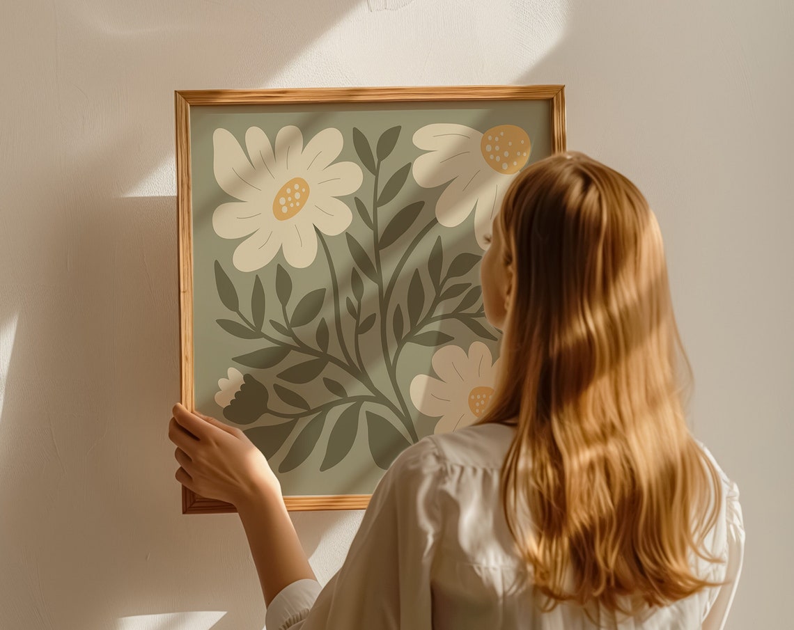 Sage Green Daisies Square Floral Art Print Boho Botanical Wall Decor