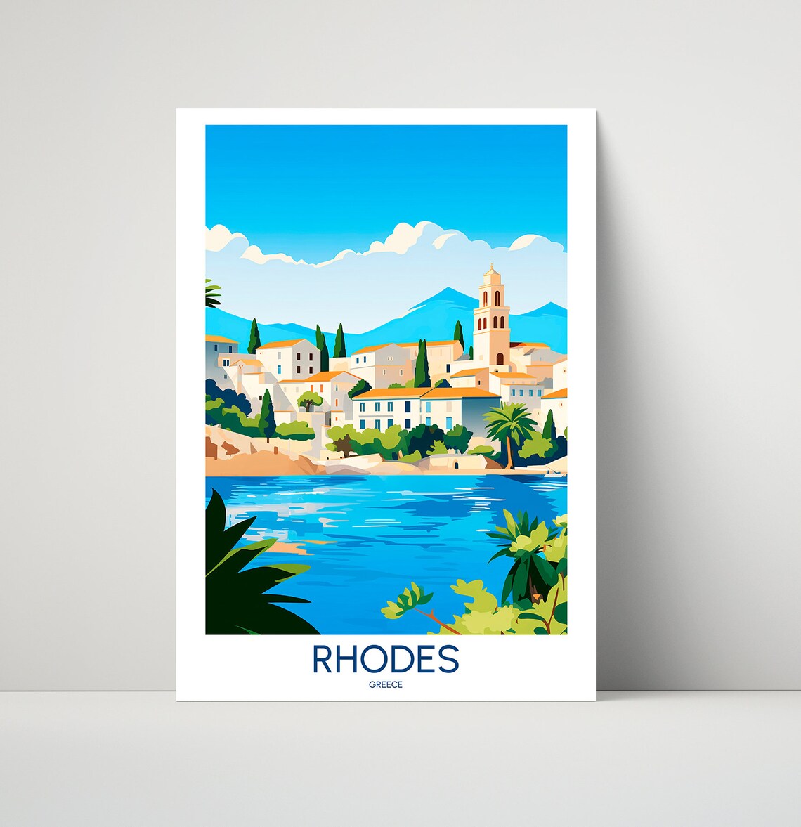 Rhodes Greece Coastal Town Sea Harbor Illustrated Travel Poster