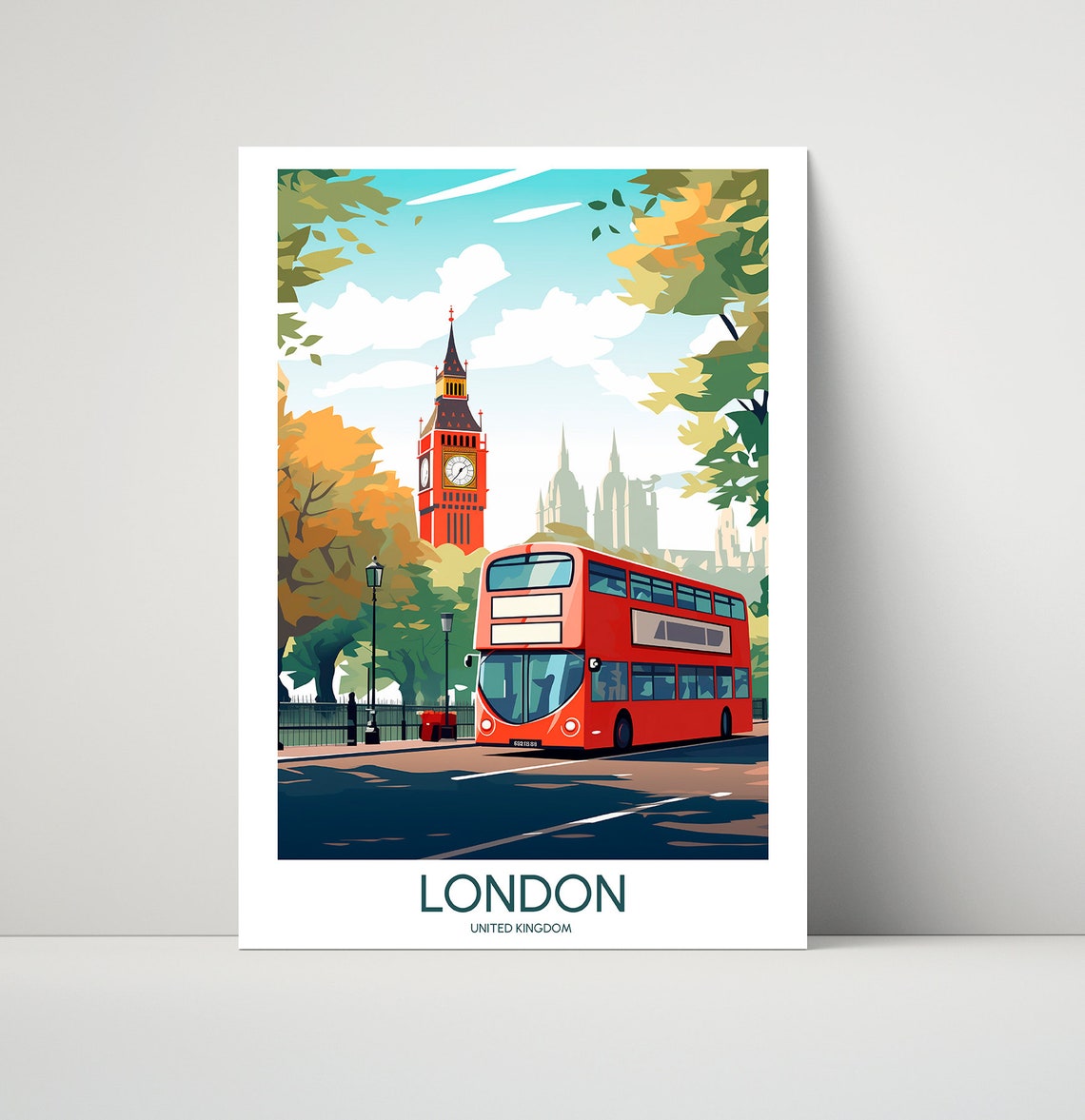 London England Red Double Decker Bus Big Ben Street Travel Poster