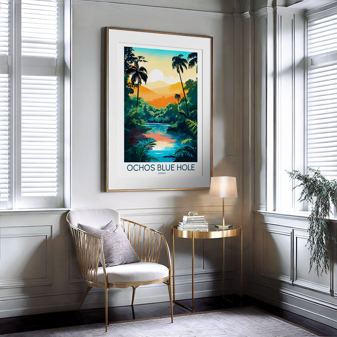 Ochos Blue Hole Jamaica Tropical River Sunset Illustrated Travel Poster - Image 2