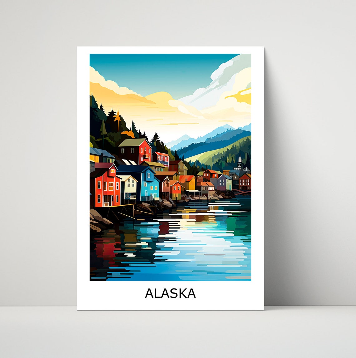 Alaska Harbor Town Colorful Waterfront Illustration Art Poster