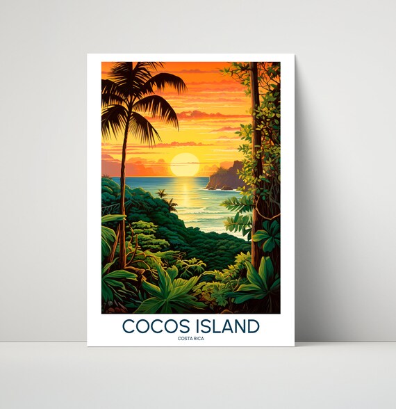 Cocos Island Costa Rica Tropical Sunset Coast Illustrated Travel Poster