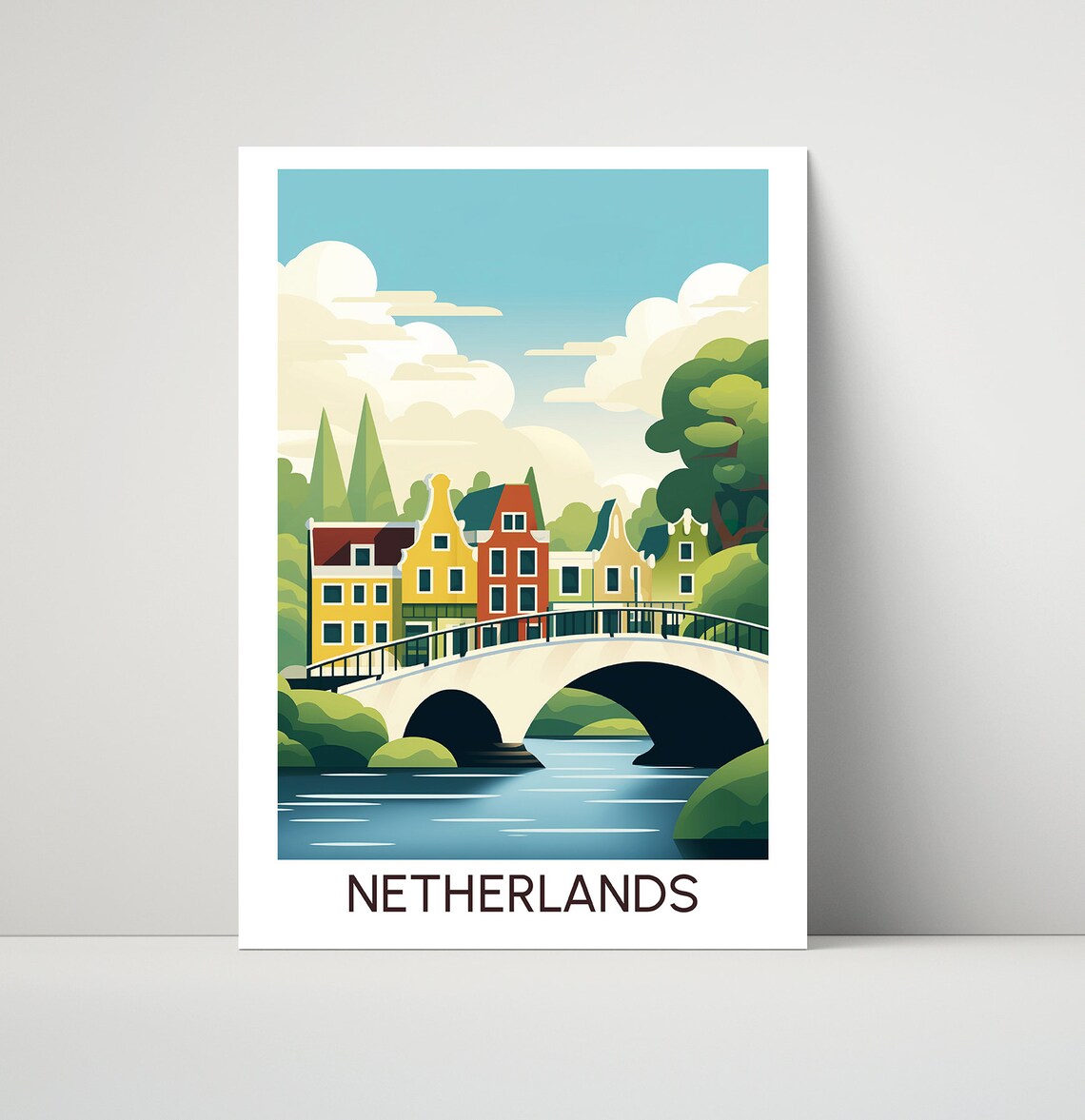 Netherlands Canal Bridge Gabled Houses Travel Illustration Poster