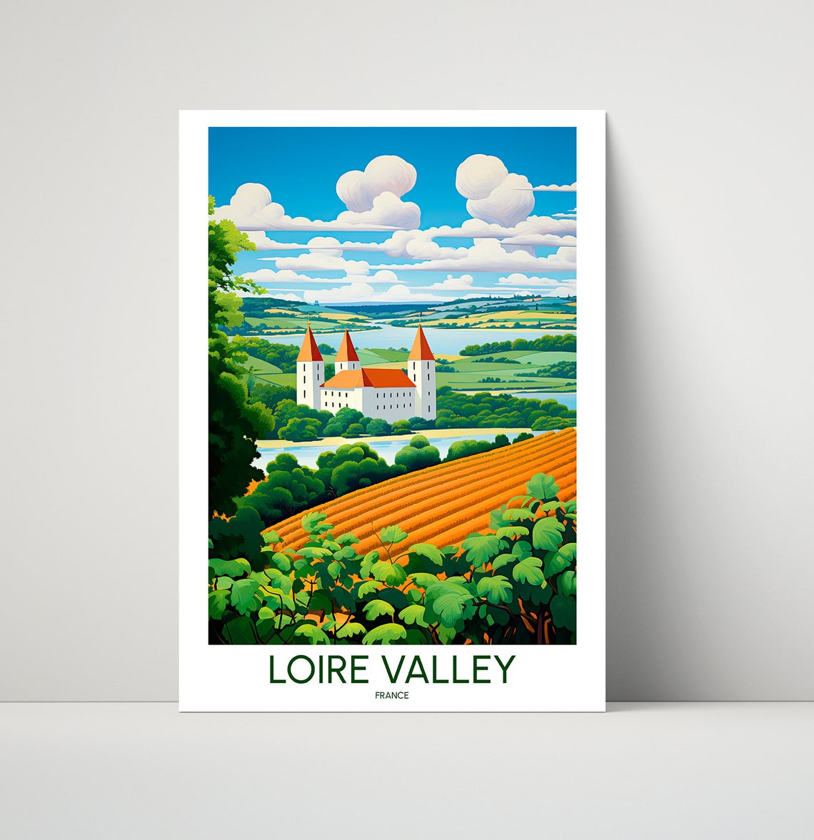 Loire Valley France Twin Tower Abbey Vineyard River Travel Poster