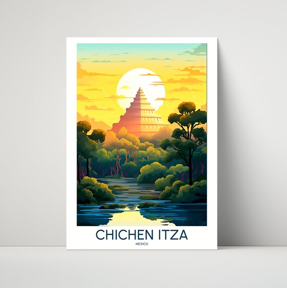 Chichen Itza Mexico Mayan Pyramid Sunset Jungle Travel Poster