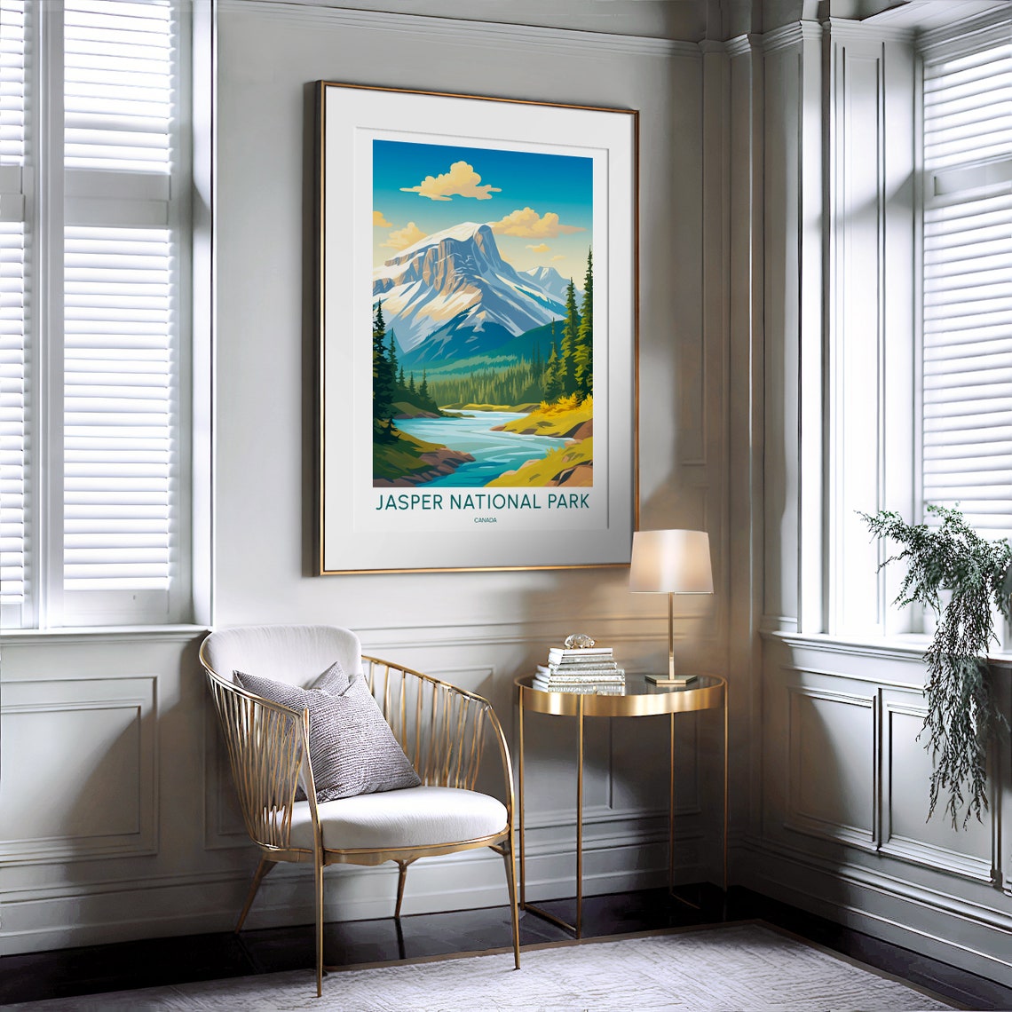 Jasper National Park Canada Snow Peak River Illustrated Travel Poster - Image 2