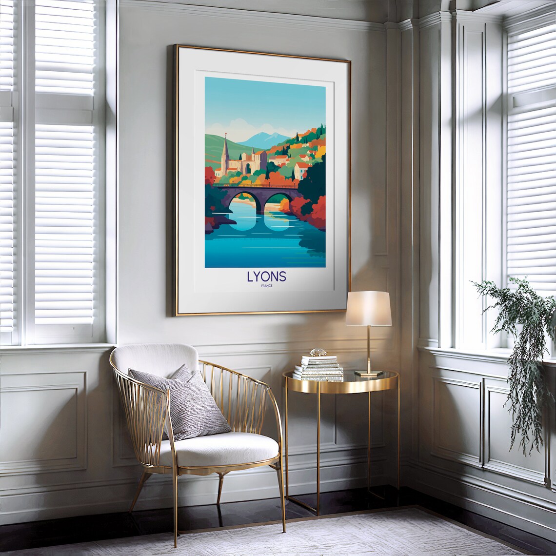 Lyons France Autumn River Bridge Abbey Landscape Travel Poster - Image 2