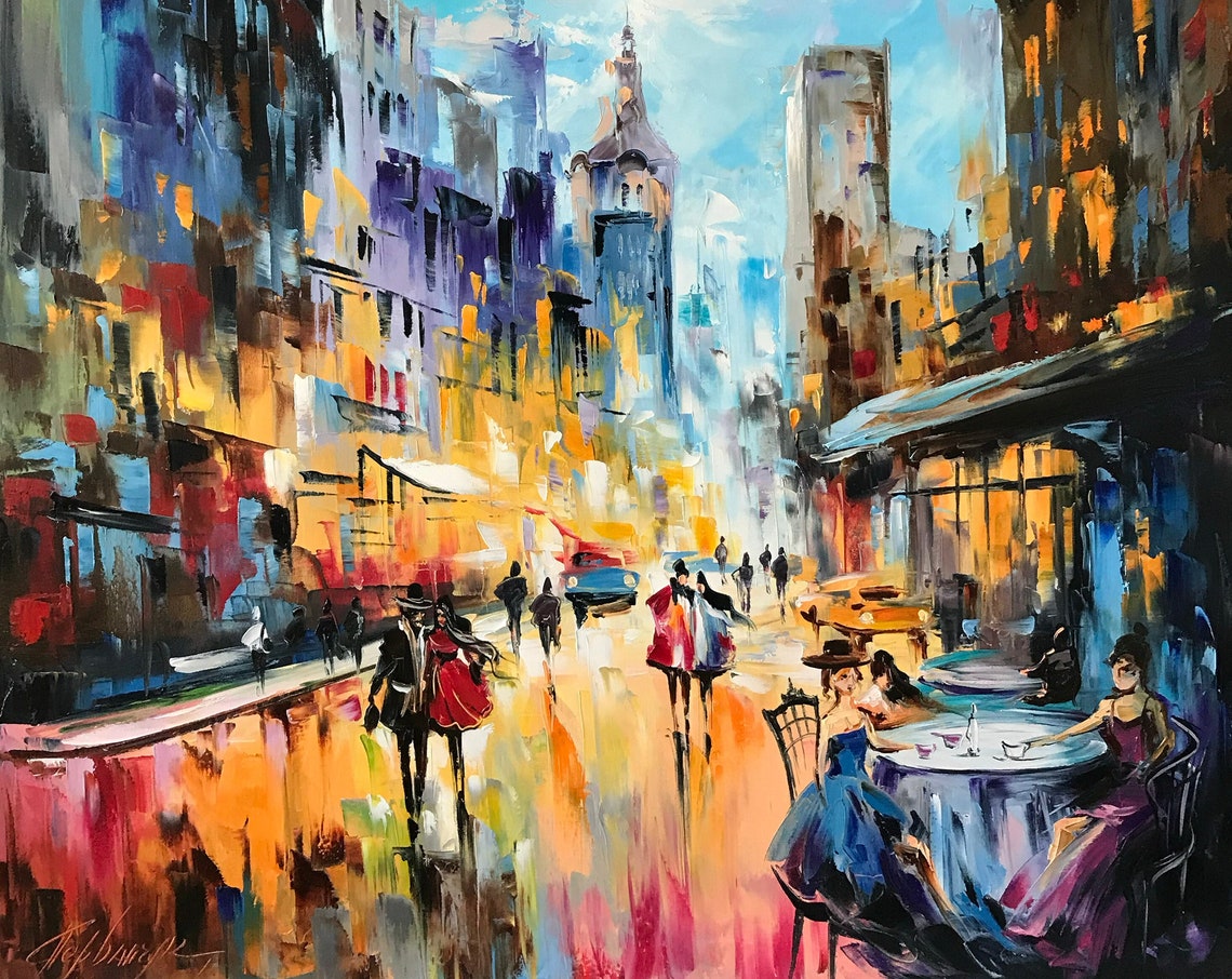 Evening City Street Oil Painting Original City Lights Art Work Lviv Ukraine Painting On Europe City Wall Art Framed Cafe Painting