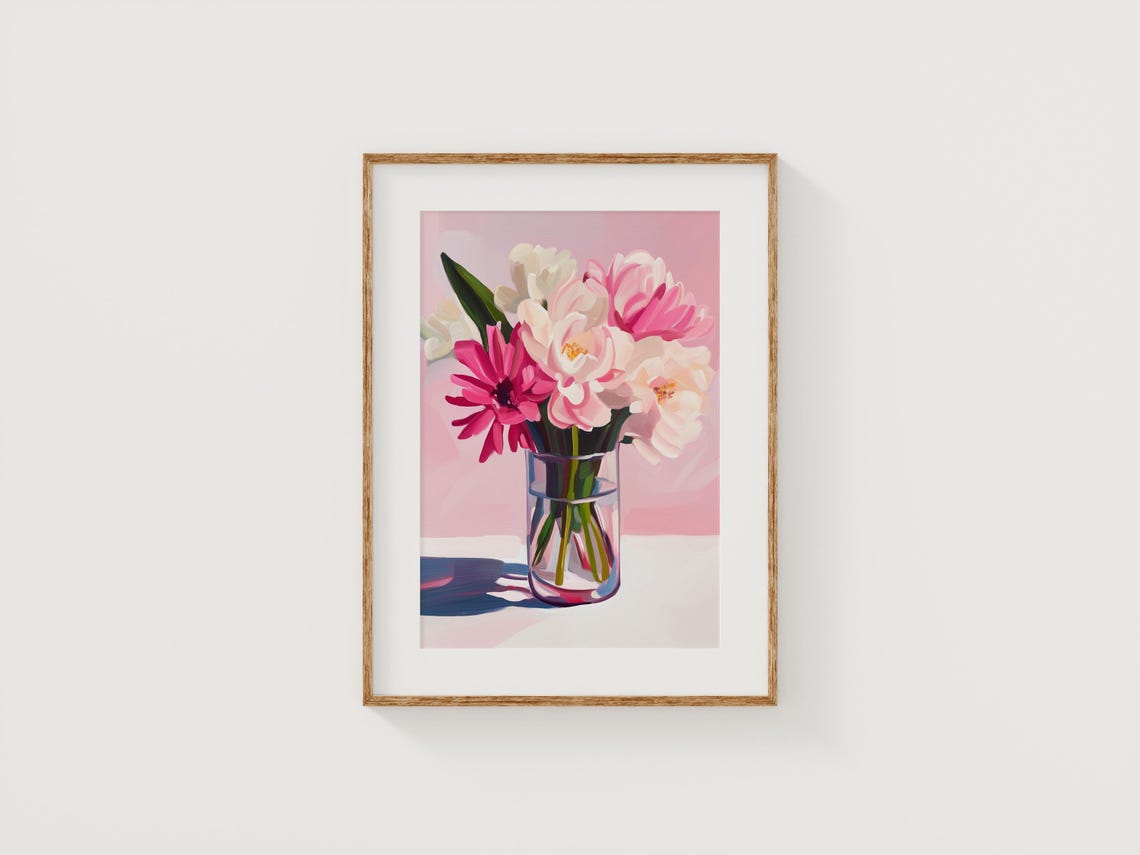 Pink Peonies Vase Bold Acrylic Floral Painting Maximalist Wall Poster - Image 3