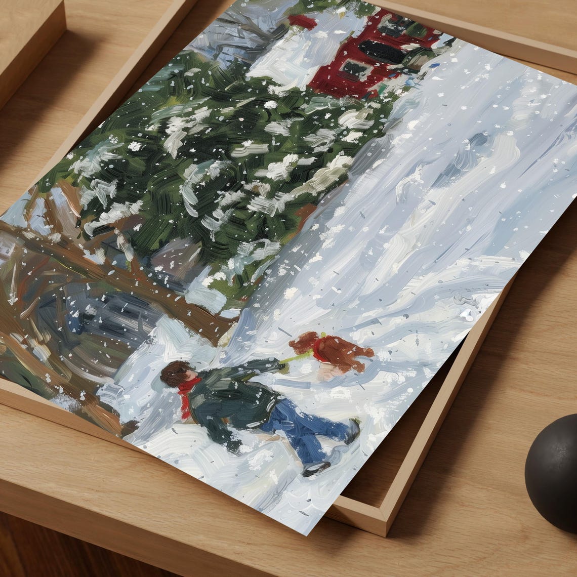 Winter Snowy Stroll Child With Dog Red Barn Vintage Landscape Painting - Image 3