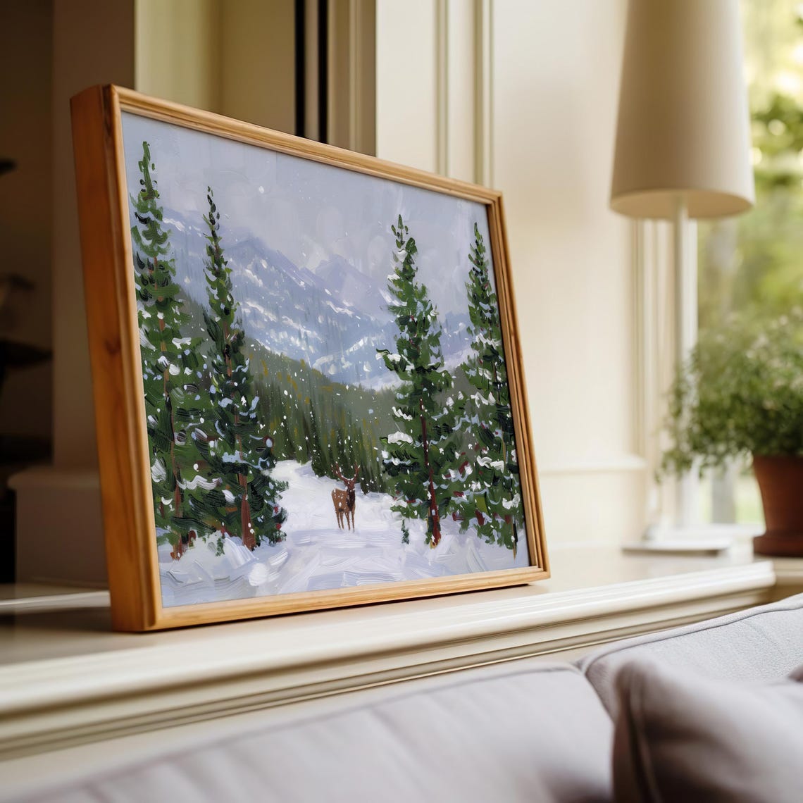Elk In Snowy Pine Forest Mountain Winter Landscape Painting Art Print - Image 2