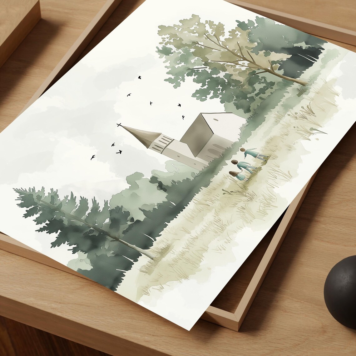 Country Church Meadow Watercolor Spring Landscape Children Art Print - Image 2