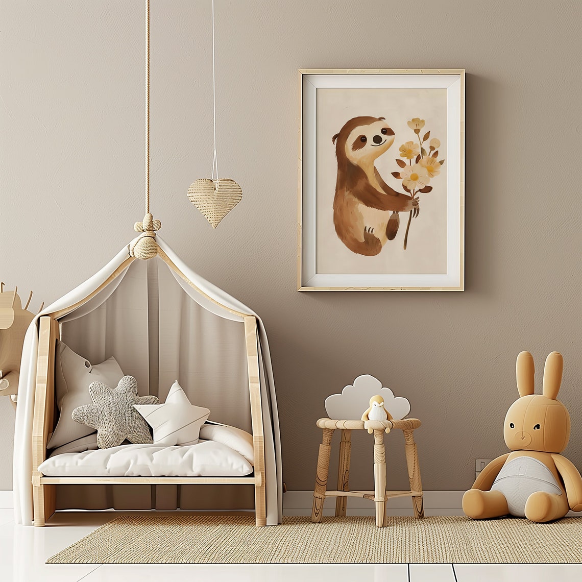 Cute Sloth Holding Flowers Watercolor Whimsical Nursery Wall Art Print - Image 4