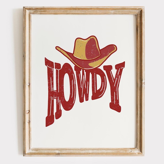 Howdy Cowboy Hat Bold Red Western Typography Vintage Art Print