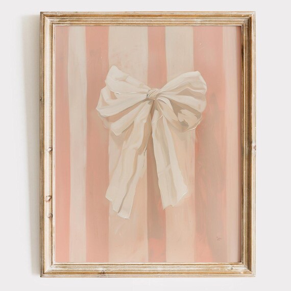 Cream Bow on Pink Striped Background Coquette Elegant Ribbon Art Poster
