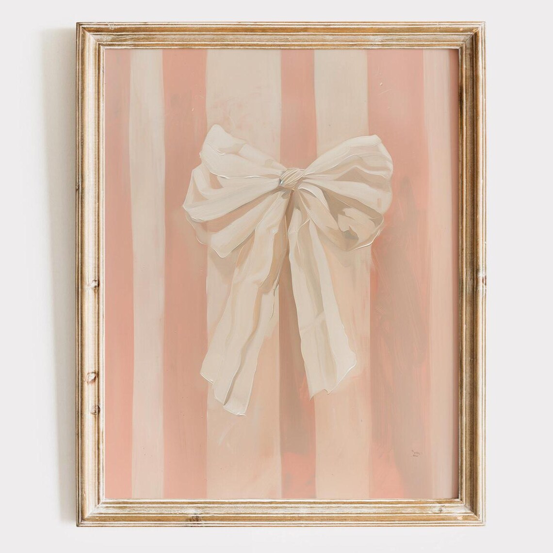 Cream Bow on Pink Striped Background Coquette Elegant Ribbon Art Poster