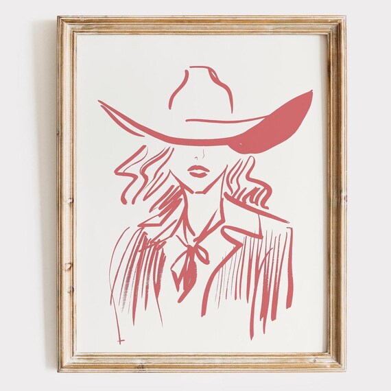 Pink Cowgirl Portrait Wide Brim Hat Western Chic Line Art Print