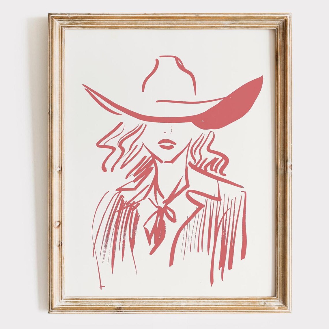Pink Cowgirl Portrait Wide Brim Hat Western Chic Line Art Print