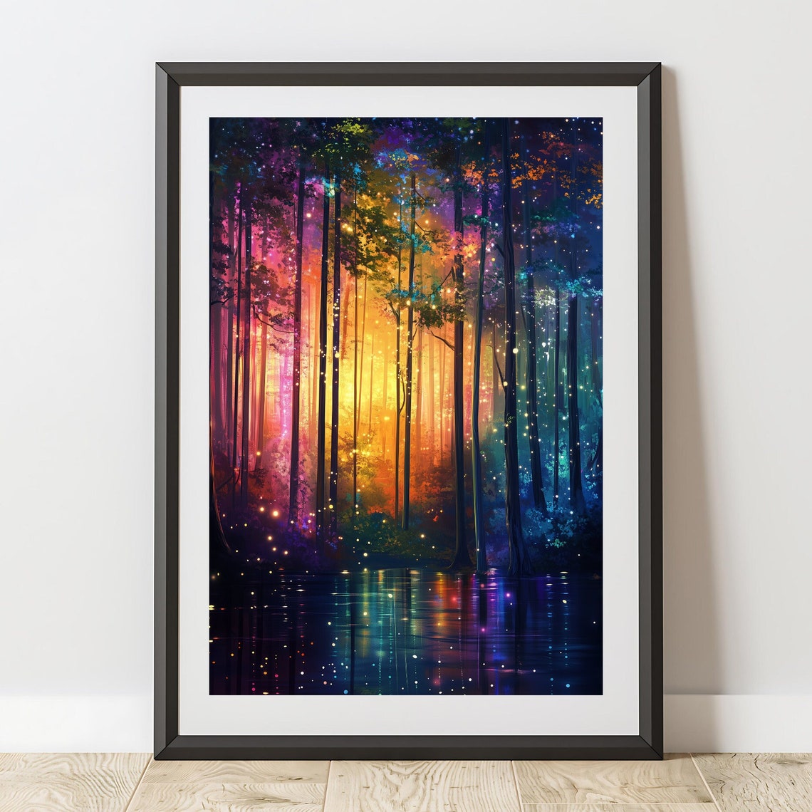 Rainbow Neon Forest Starry Sky Reflection Magical Trees Art Poster - Image 6