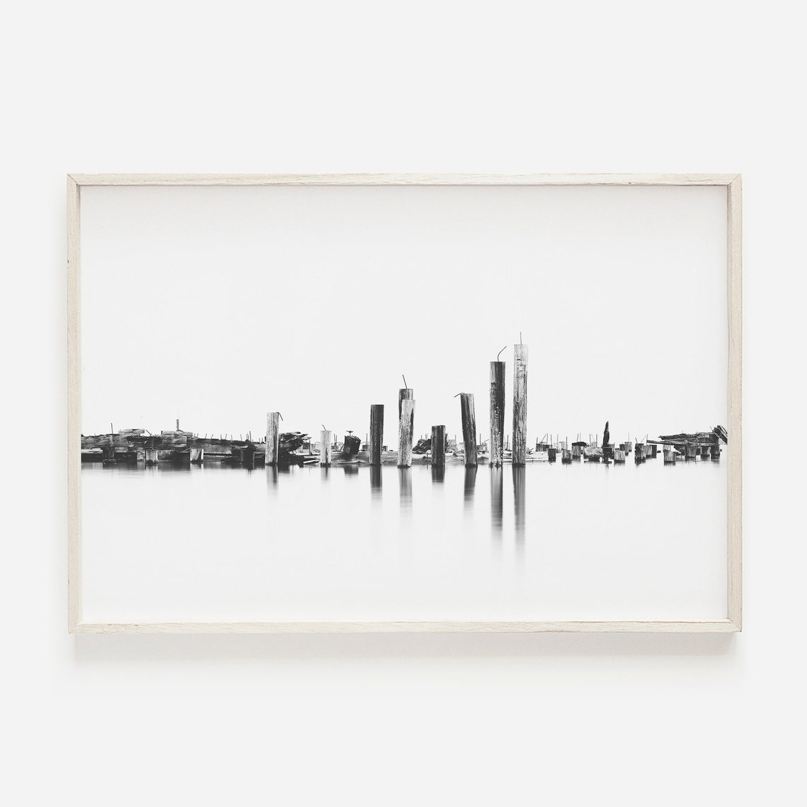 Old Pier Pilings Black White Minimalist Water Reflection Poster