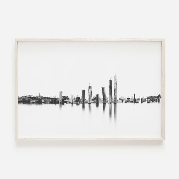 Old Pier Pilings Black White Minimalist Water Reflection Poster