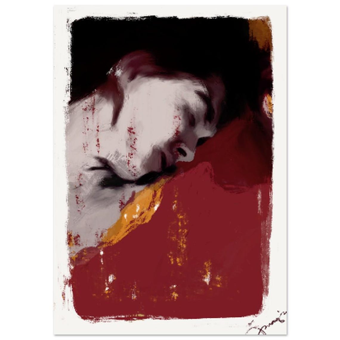 Sleeping Lady Close Up Moody Dark Red Semi Abstract Art Poster - Image 3