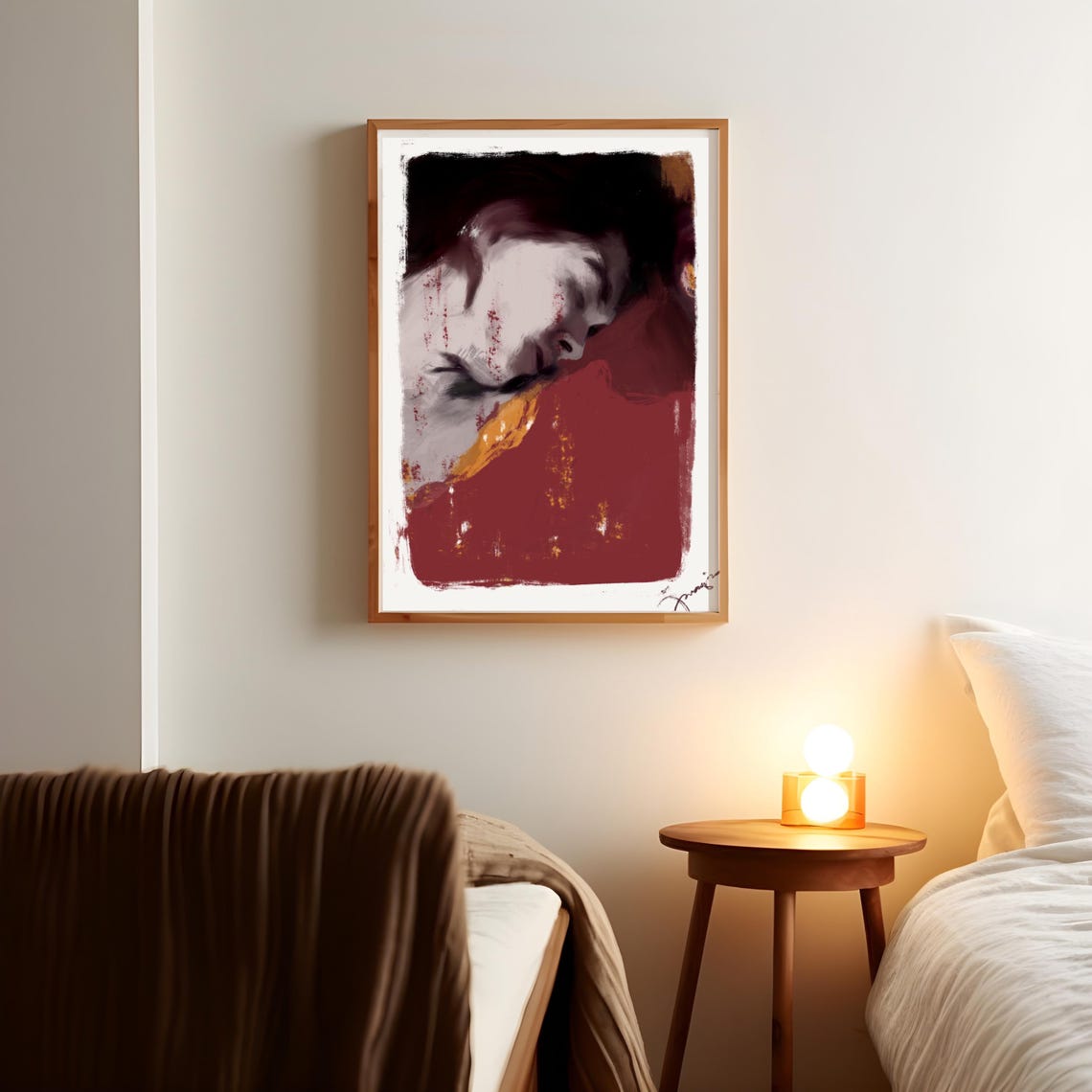Sleeping Lady Close Up Moody Dark Red Semi Abstract Art Poster - Image 2