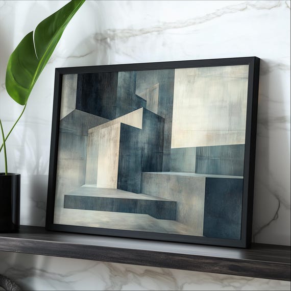 Architectural Staircase Art Print Monochrome Geometry Blue Tone