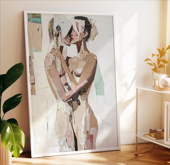 Figurative Collage Embrace Two Women Torn Paper Romantic Art Poster