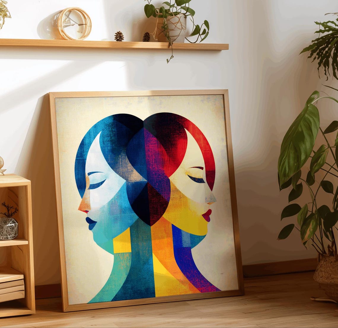 Dual Faces Geometric Woman Portrait Bold Color Pop Art Poster