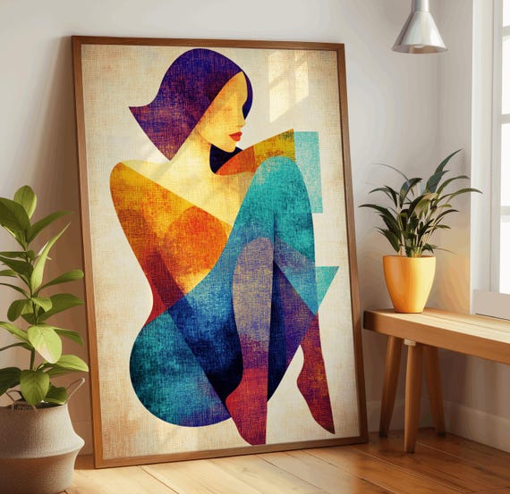Abstract Geometric Woman Portrait Vibrant Colorful Wall Art Modern Home Decor Fine Quality Paper