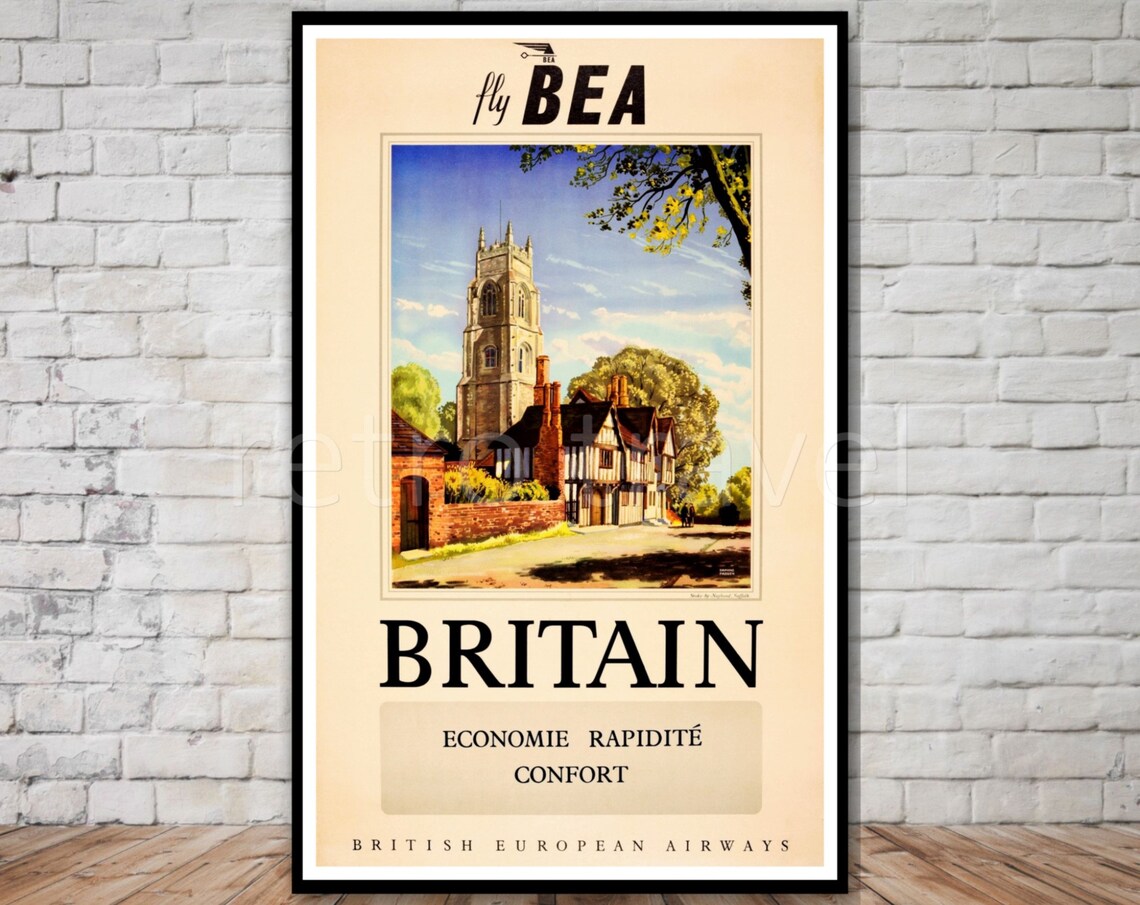 Britain Fly BEA English Village Church Airline Retro Travel Poster