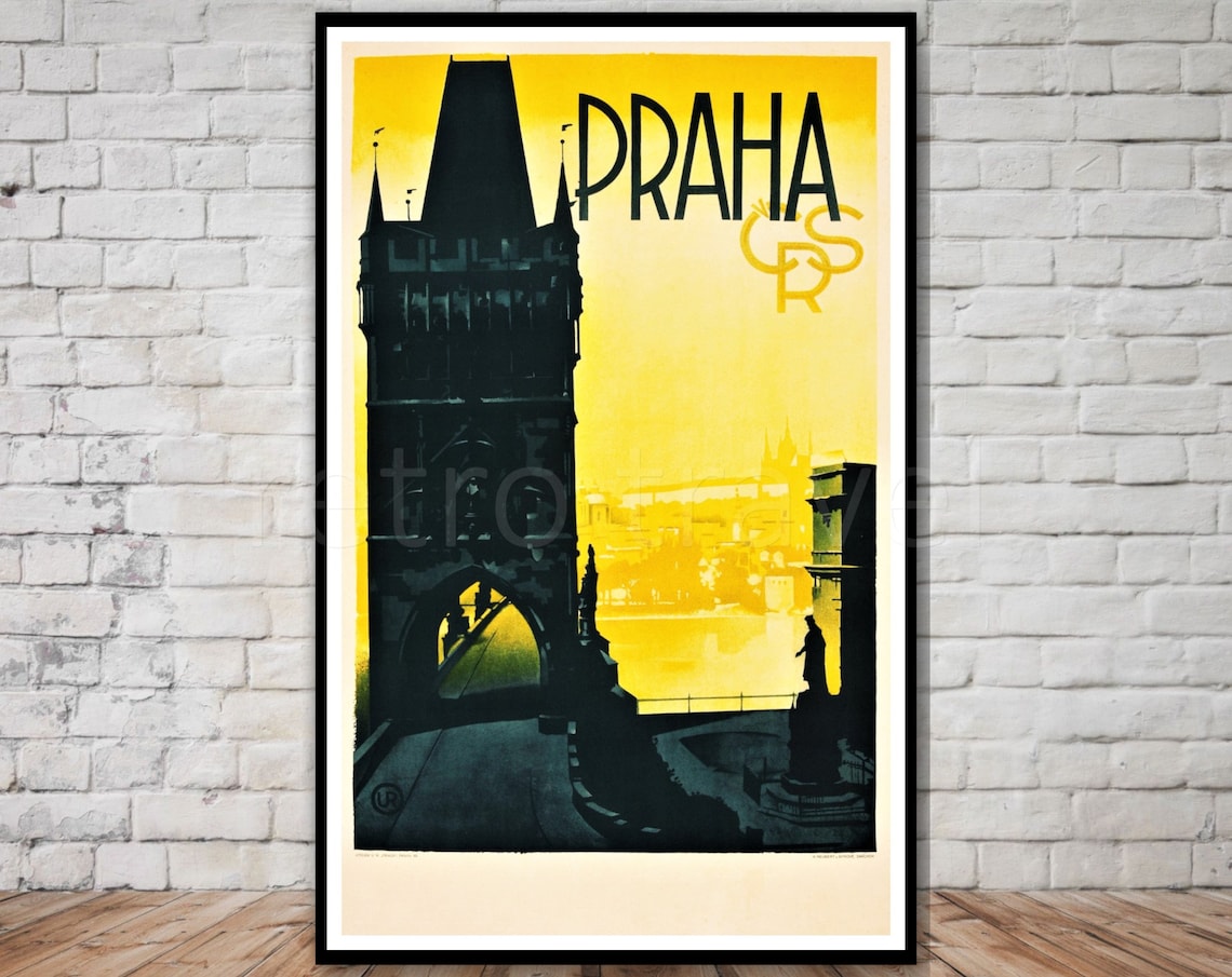 PRAHA Yellow Art Deco Charles Bridge Tower Retro Travel Poster