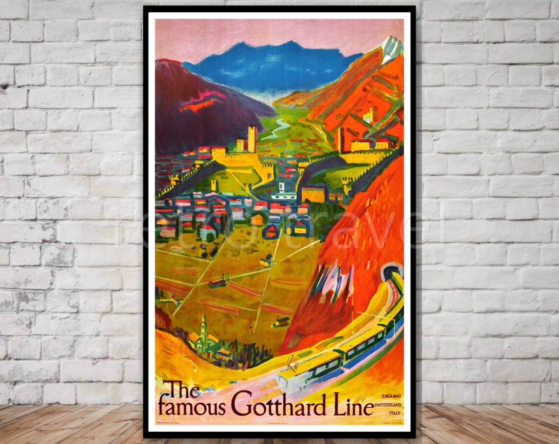 The Famous Gotthard Line Vintage Alpine Railway Travel Poster