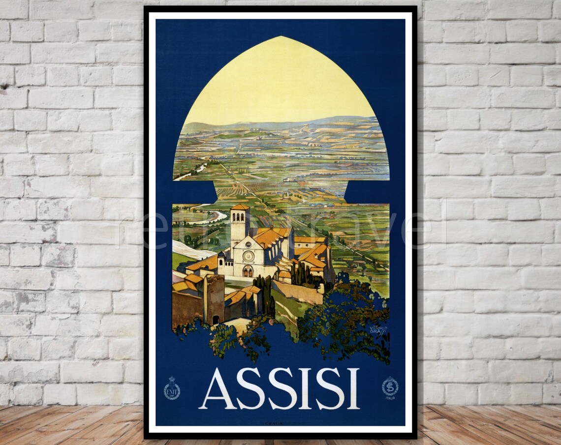 Assisi Italy Vintage Travel Poster Basilica Hill Town Arch View Art